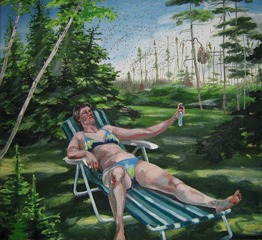 painting of Tina Ward in bikini with bug spray fighting black flies in Newfoundland by Chris Mona