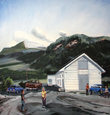 painting of Peak of Tenerife Newfoundland, and Birchy Head Pentecostal Church Newfoundland, by Chris Mona
