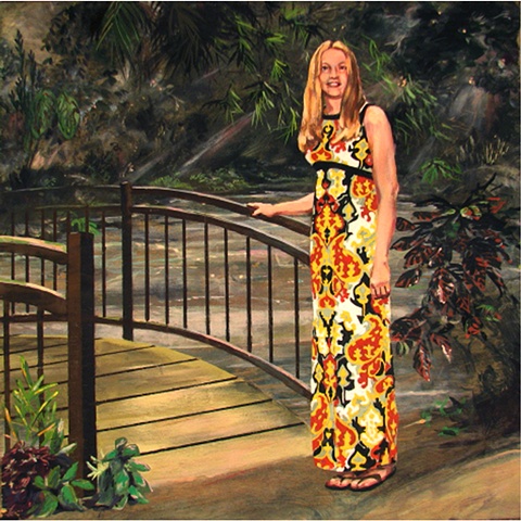 painting on wood panel of the Christian singer from the 1970's April Turner at a footbridge in a garden by Chris Mona