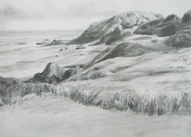 drawing of cliffs and shoreline of Oregon coast by Chris Mona