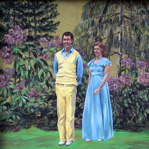 painting of two Christian singers from the 1970's in a garden by Chris Mona