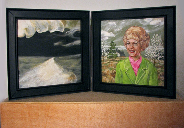 painting in two panels of black and white visionary scene and Christian singer Carole Prond by Chris Mona