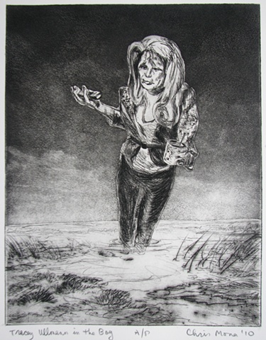 intaglio print of British comedienne Tracey Ullmann  on a cell phone as a visionary experience sinking in a bog by Chris Mona