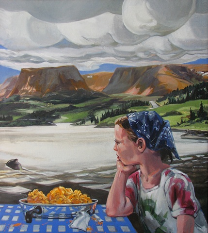 painting of Tablelands Newfoundland, with Annabelle Mona at table with Kraft Dinner, macaroni and cheese, by Chris Mona