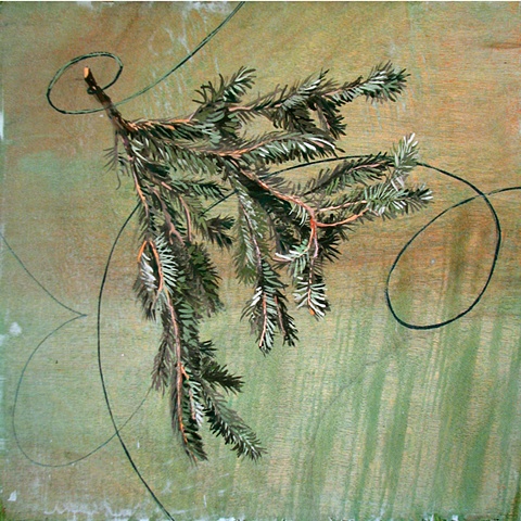 painting on wood panel of a green spruce branch whirling in air by Chris Mona