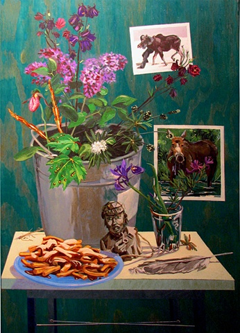 painting on wood panel of poutine, columbine, pink lady slipper orchid, fern heads, gull feather, photo of moose in swamp, Newfoundland, by Chris Mona