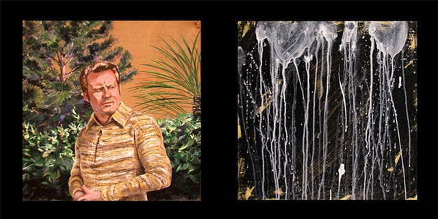 painting on two panels of the Christian singer Jimmy Swaggart in a garden and spilled milk by Chris Mona