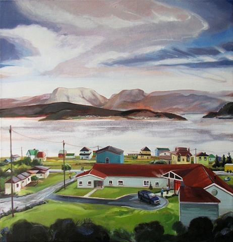 painting with view of Gros Morne Mountain Newfoundland, and Woody Point Newfoundland by Chris Mona
