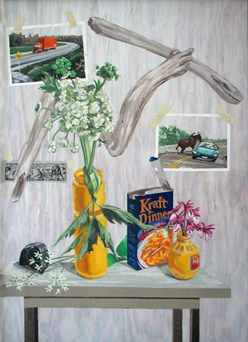 painting on wood panel of cow parsnip, orchids, Kraft Dinner, Mark Trail comic, moose hitting car, moose by Trans Canada Highway with truck, Newfoundland, by Chris Mona