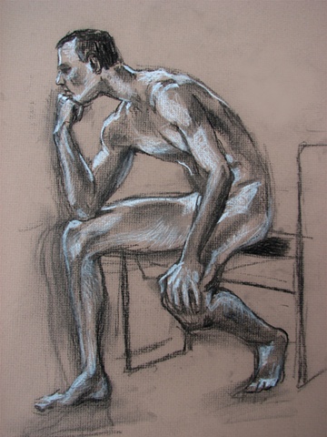 drawing of seated nude male by Chris Mona