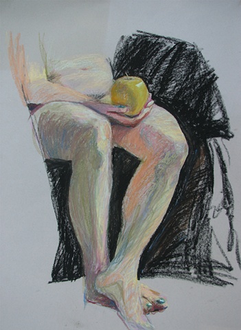drawing of nude female holding an apple by Chris Mona