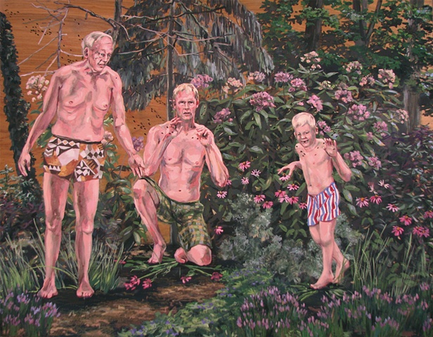 painting on wood panel of the artist Chris Mona as an old man, at present, and as a young boy in swim trunks in his backyard garden by Chris Mona