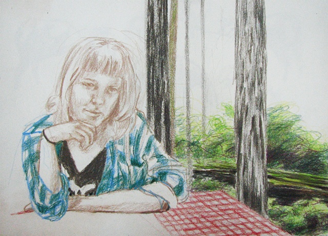 drawing of Annabelle Mona at campground table, Jedediah Smith Nat. Park, CA, by Chris Mona