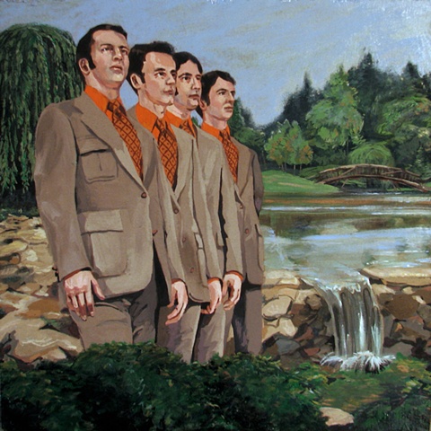 painting on wood panel of the Christian singing group The Young Deacons in a landscape by Chris Mona