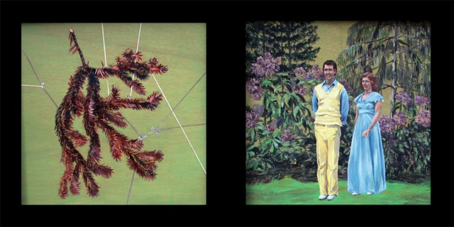 painting in two panels of a dead spruce branch wrapped in string and two Christian singers from the 1970's in a garden by Chris Mona