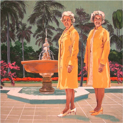 painting on wood panel of the Christian singers from the 1970's Ella and Ada Kimmel at a Fountain by Chris Mona