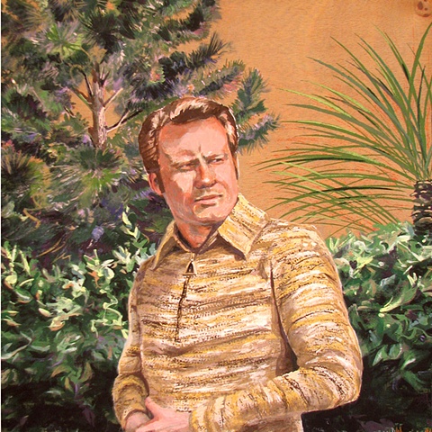 painting on wood panel of Jimmy Swaggart in a garden by Chris Mona