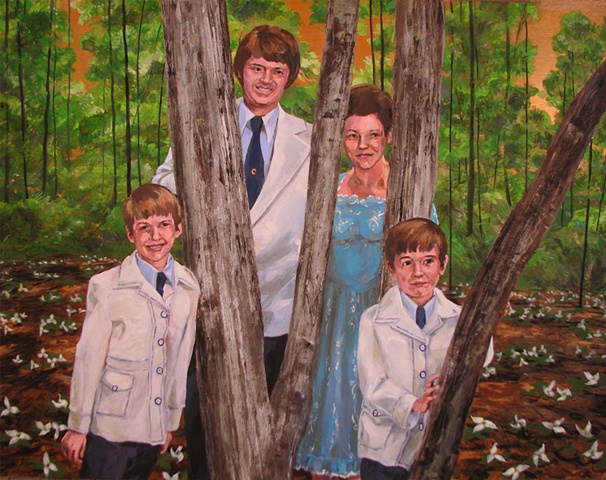 painting on wood panels of the Christian singing group from the 1970's the DeLauder Family in a forest with trillium by Chris Mona