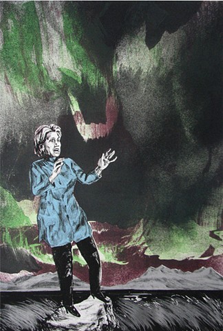 lithograph of Hillary Clinton with Northern Lights by Chris Mona