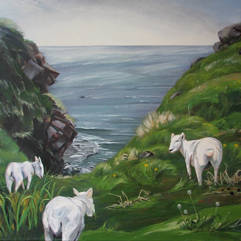 painting of three sheep in pasture, view of cliff, Green Gardens Newfoundland, by Chris Mona