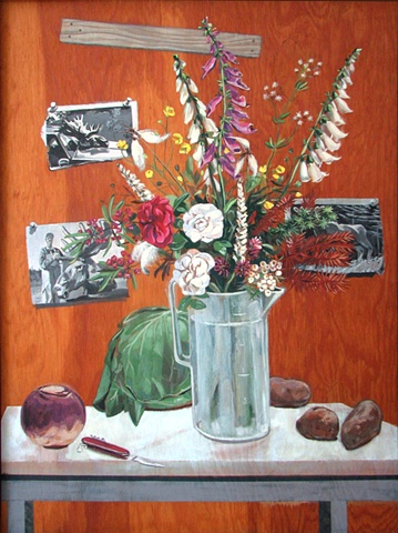 painting on wood panel of old roses and fox gloves in pitcher, turnip and potatoes, with photos of moose, Newfoundland, by Chris Mona