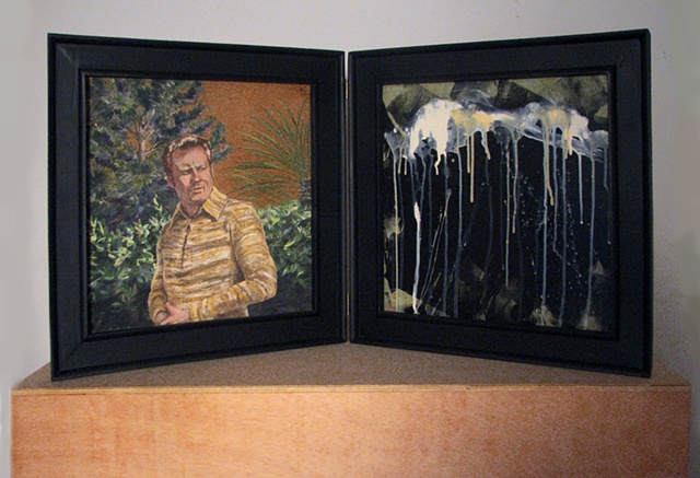 Jpainting on two panels of the Christian singer Jimmy Swaggart in a garden and spilled milk by Chris Mona
