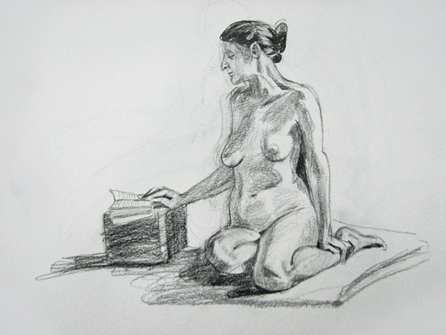 drawing of seated female nude reading by Chris Mona