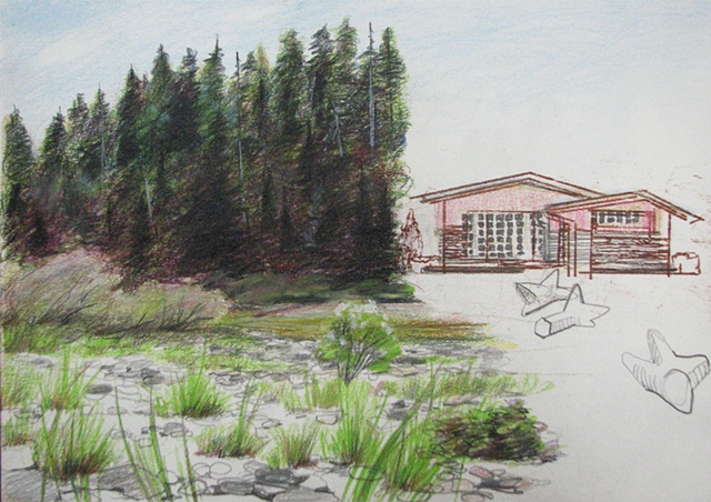 drawing of trees by Smith River with 1960's era House in Crescent City, CA by Chris Mona