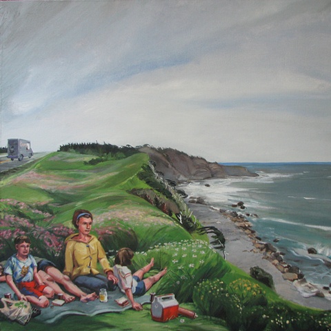 painting of picnic at cliff at Green Point Newfoundland by Chris Mona