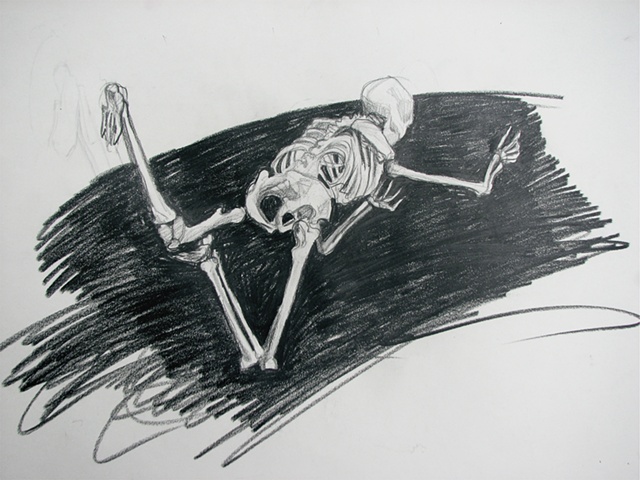 drawing of flying skeleton by Chris Mona