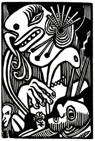 automatic imagery inspired woodcut
