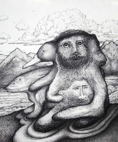 duck, cat, gopher, fish bearded man with mountains