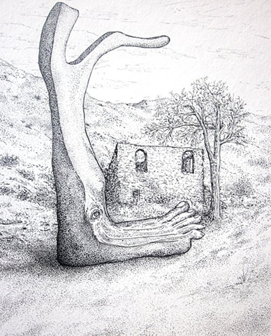 foot with branches next to ruins in mountains