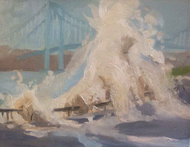 landscape, storm, climate change, painting, verazzano bridge, new york painting