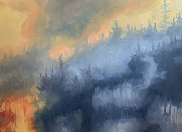 landscape painting, climate art, painting of fire, contemporary landscape