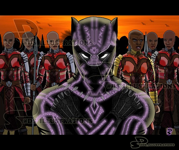 Comic Illustration of Black Panther and the Dora Milaje