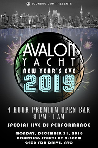 Promotional flier for Avalon Yacht New Year's Eve 2018 Party