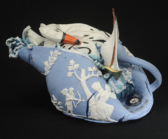 Wedgwood Cup Runneth Over Series, deflated ceramic swan, sailboat, and compass by Linda S Fitz Gibbon