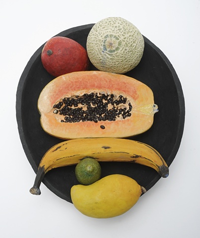 trompe l'oeil ceramic plate with exotic fruit to form figure after Munc's The Scream, by Linda S Fitz Gibbon