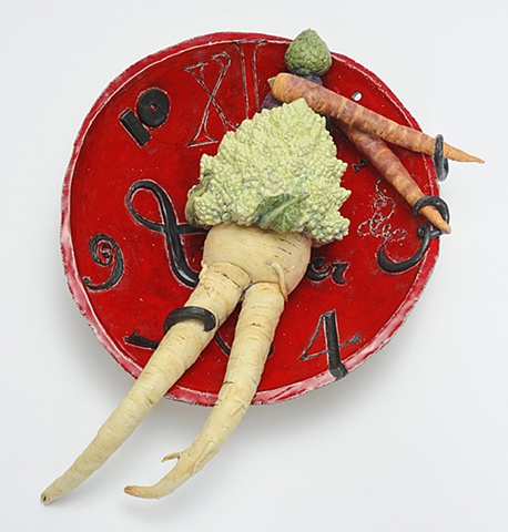 trompe l'oeil ceramic plate with vegetable figure and clock by Linda S Fitz Gibbon