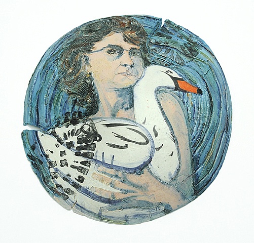 ceramic plate self portrait with inflatable swan by Linda S Fitz Gibbon