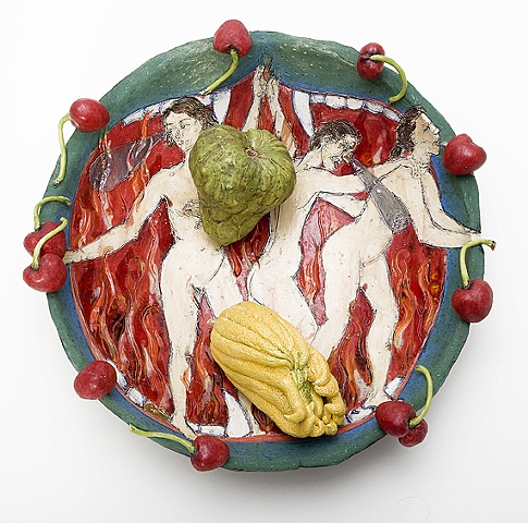 cherry rimmed ceramic plate with mouth of hell illumination, ceramic buddha's hand, and cherimoya by Linda S Fitz Gibbon as tribute to Roy De Forest