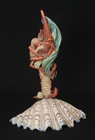 Rebirth of Venus, after Botticelli, ceramic lobster figure on a half shell by Linda S Fitz Gibbon