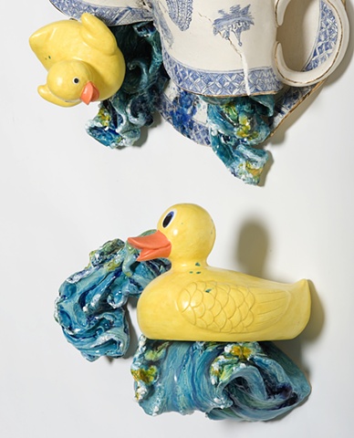 Large Willow ware ceramic tea cup with rubber ducks, artwork by Linda S Fitz Gibbon