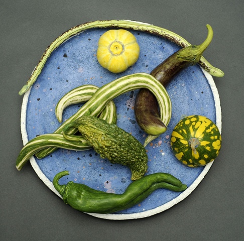 trompe l'oeil ceramic plate with vegetables from the Asian farmer's market by Linda S Fitz Gibbon