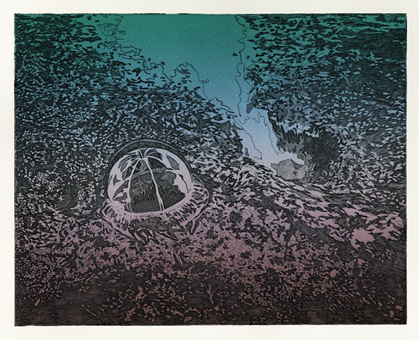 Picture of Brigitte Caramanna, intaglio printmaking of mars, space, landscape, mountain, nature by brigitte caramanna, picture of brigitte caramanna, cli-fi, climate fiction, climate change, brigitte caramanna, waterfall, oil rig, satellites, caves, jelly