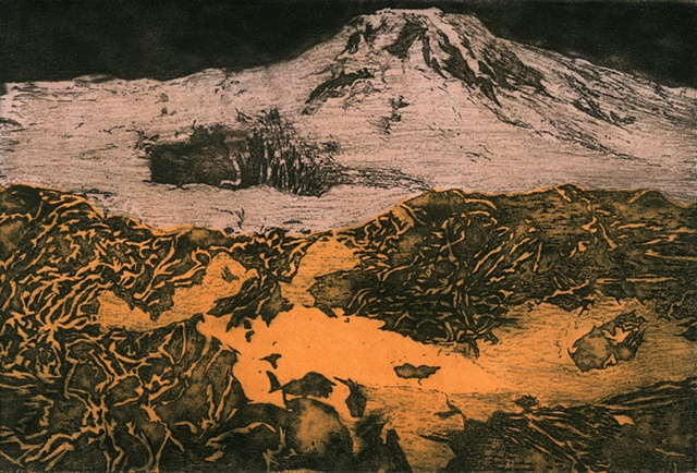 Brigitte Caramanna, space, venus, volcano, mountain, nature, art, science, astronomy, intaglio printmaking by brigitte caramanna