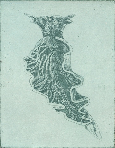printmaking by brigitte caramanna of sea, slug, water, ocean, blue, life forms, specimen, nature, art, intaglio