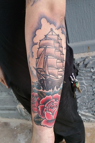 Animal Farm Tattoos Chicago Tatuajes Clipper Ship and Rose Tattoo