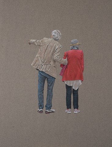 drawing of an older couple using colored pencil on gray paper